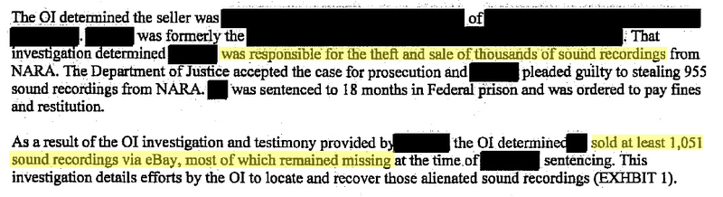 Excerpt from a 2011 National Archives investigation into missing sound recordings that were sold on eBay (National Archives Office of the Inspector General)